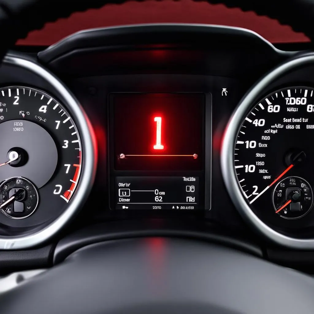 Close-up of a car dashboard with the seat belt warning light illuminated